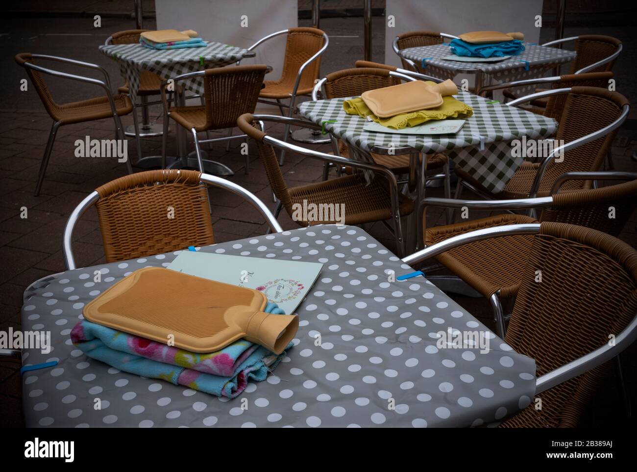 Saffron Walden, UK. 04th Mar, 2020. Saffron Walden Essex UK. Hot water bottle and blanket waiting for outdoor customers on a cold spring day at local Vintage Tea Rooms. 4 March 2020 Credit: BRIAN HARRIS/Alamy Live News Stock Photo