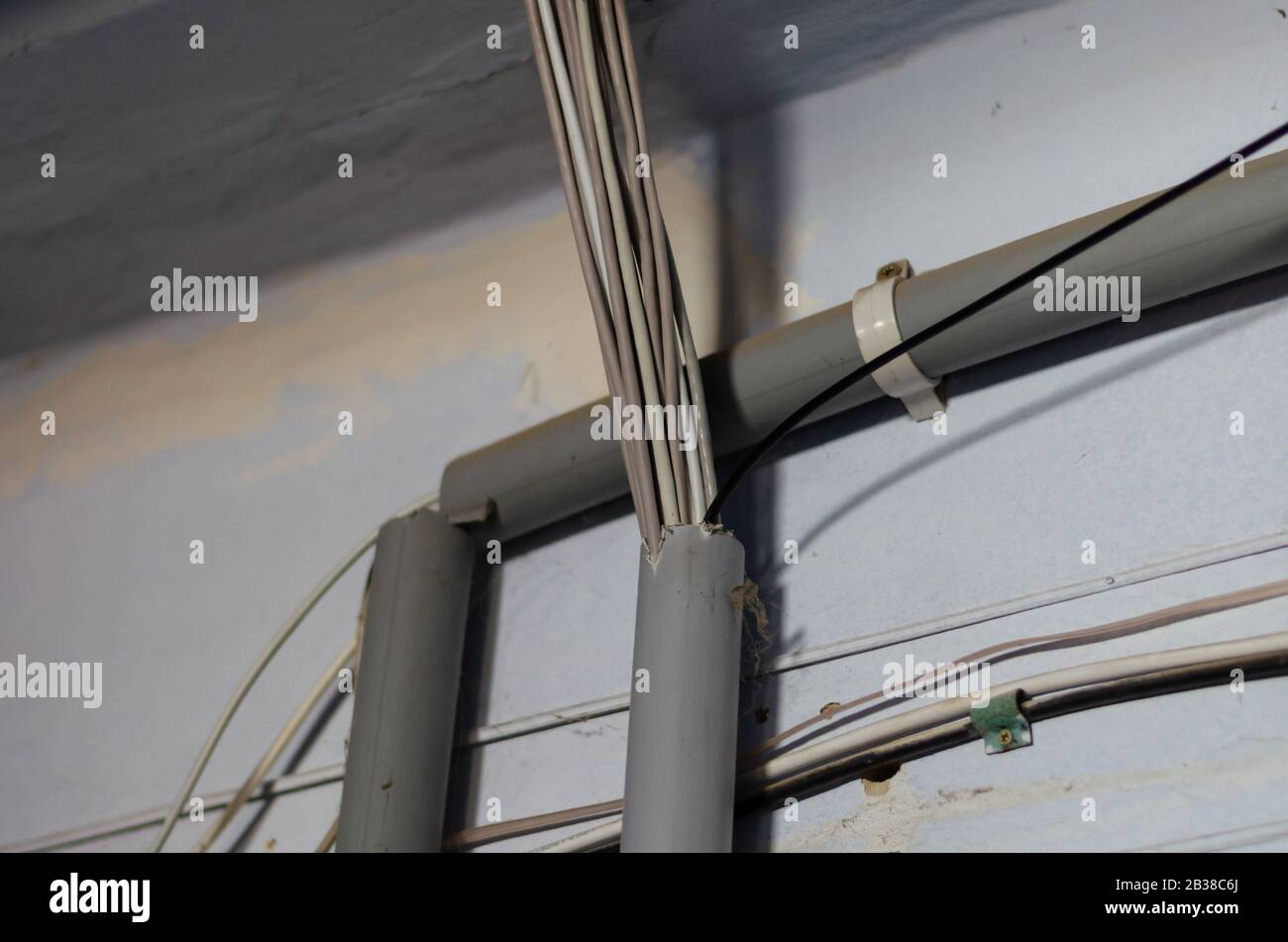 Cables for connecting to the Internet on a wall background. A LAN cable  group is routed inside plastic pipes. Communications inside the apartment  buil Stock Photo - Alamy