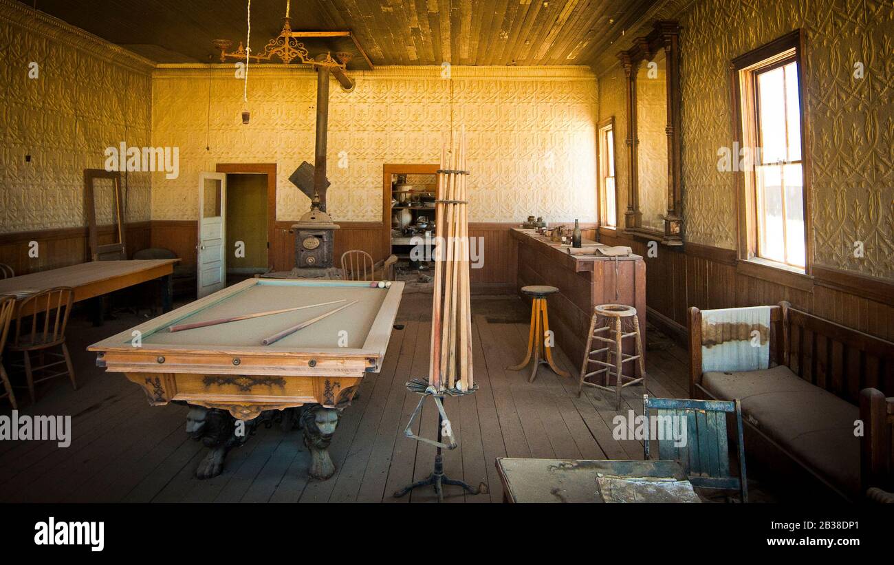 Wheaton and Hollis hotel,bar with pool table. Bodie ghost town,USA. Stock Photo