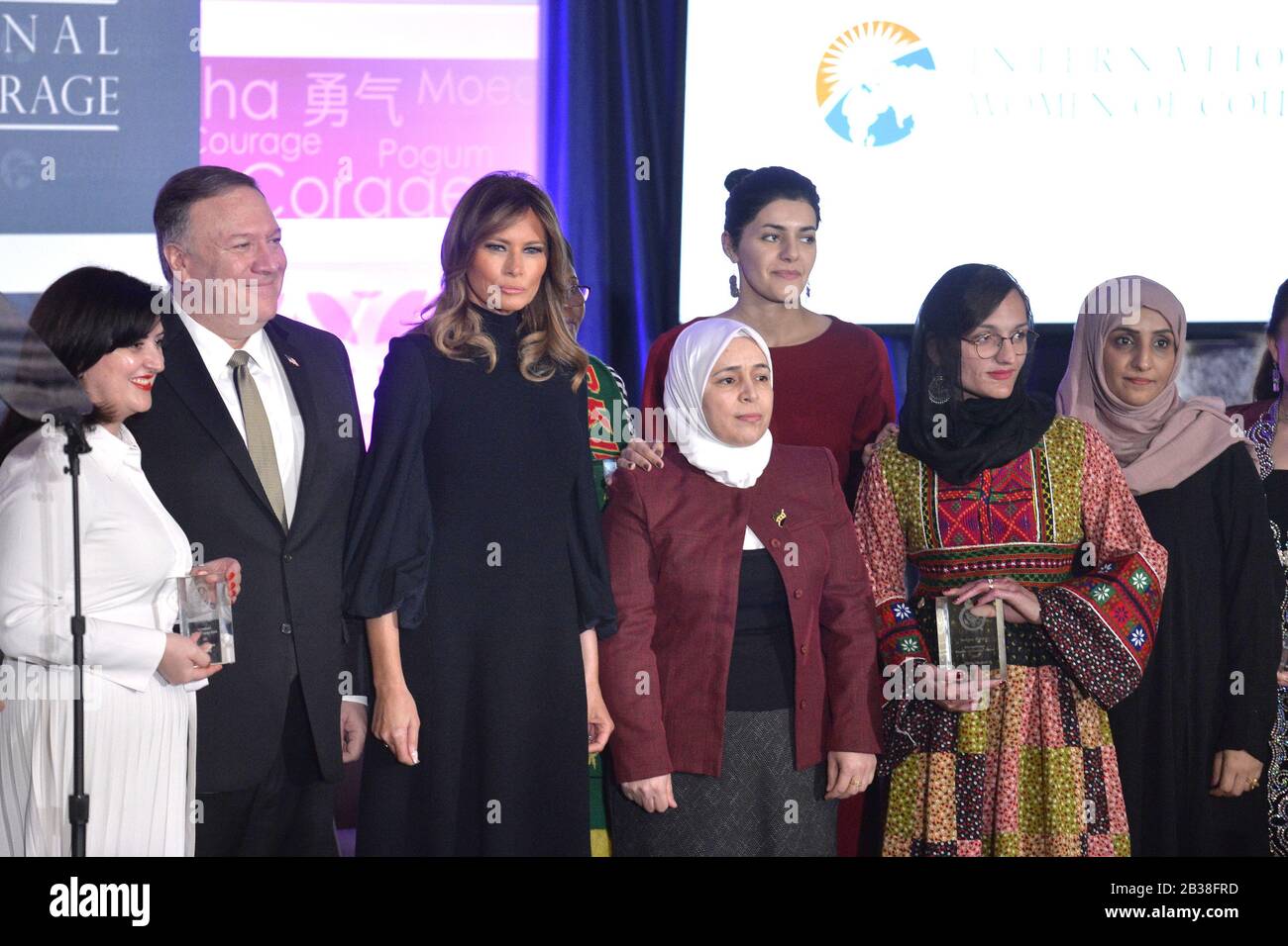 First Lady Melania Trump (3rd, L)and Secretaryof State Mike Pompeo (2nd, L) pose with International Women of Courage Awardees (L-R) Shahla Umbatova (Azerbaijan), Amina Khoulani (Syria), Lucy Kocharyan (Armenia), Zarifa Ghafari (Afghanistan) and Yasmin al Qadhi (Yemen) at the conclusion of a ceremony at the State Department, Wednesday, March 4, 2020, in Washington, DC. The award honors women of courage and leadership in social justice, human rights, gender equality and the advancement of women and girls. Photo by Mike Theiler/UPI Stock Photo