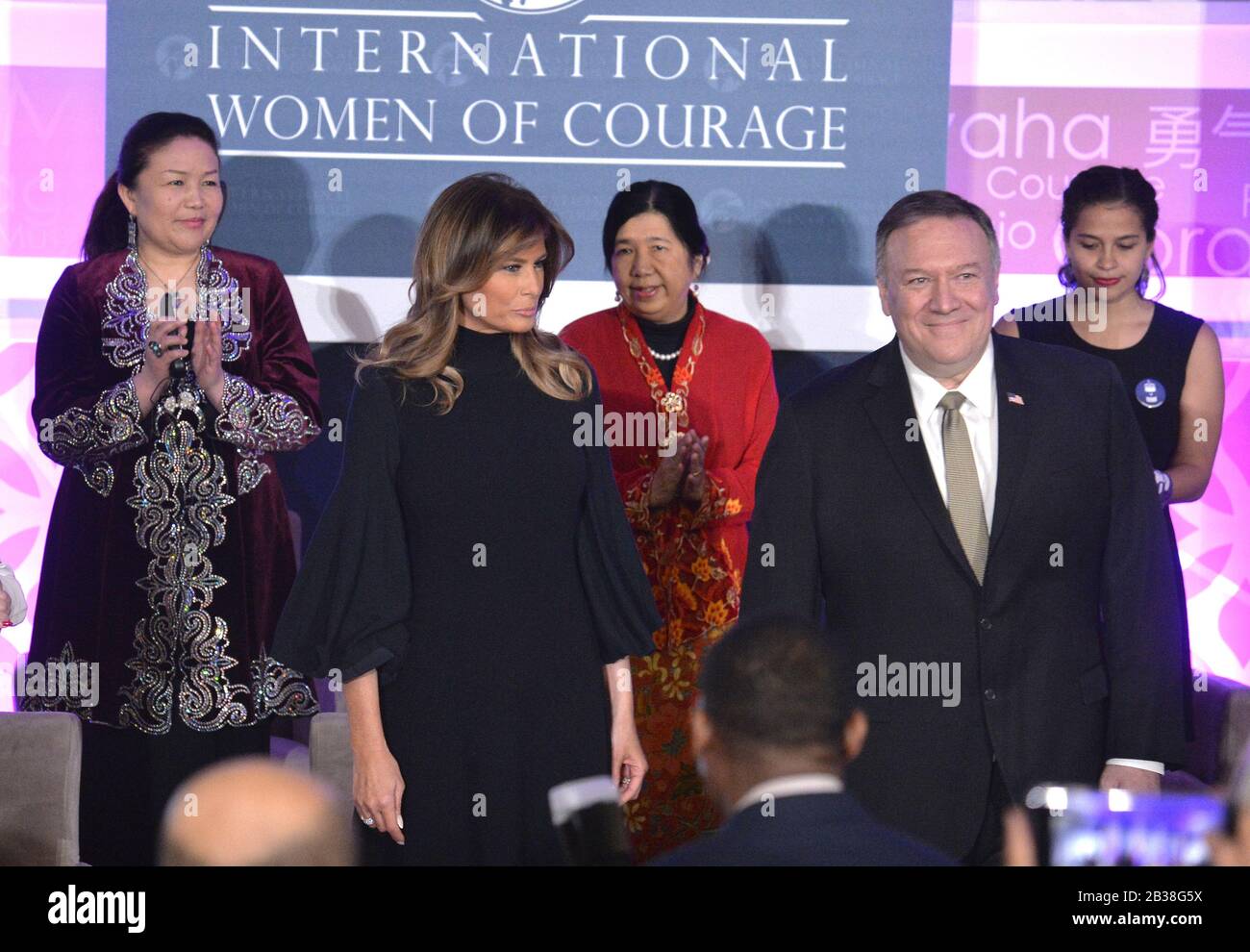Washington, United States. 04th Mar, 2020. First Lady Melania Trump (2nd, L) and Secretary of State Mike Pompeo arrive to attend the International Women of Courage awards program with (L-R) Sayragul Sauytbay (China), Susanna Liew (Malaysia) and Amaya Coppens (Nicaragua), at the State Department, Wednesday, March 4, 2020, in Washington, DC. The award honors women of courage and leadership in social justice, human rights, gender equality and the advancement of women and girls. Photo by Mike Theiler/UPI Credit: UPI/Alamy Live News Stock Photo