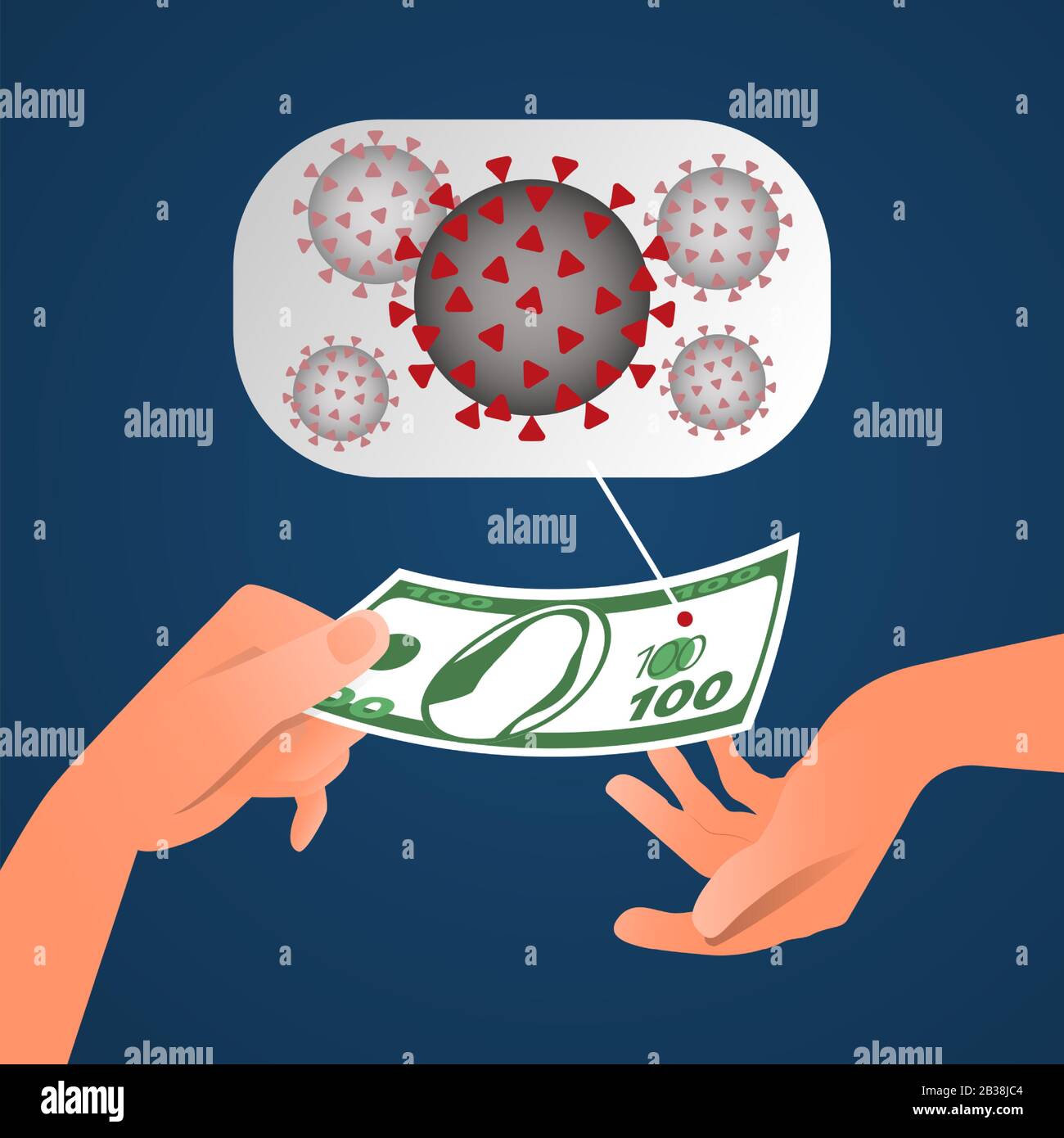 Concept of paper money contaminated by coronavirus, human hand holds