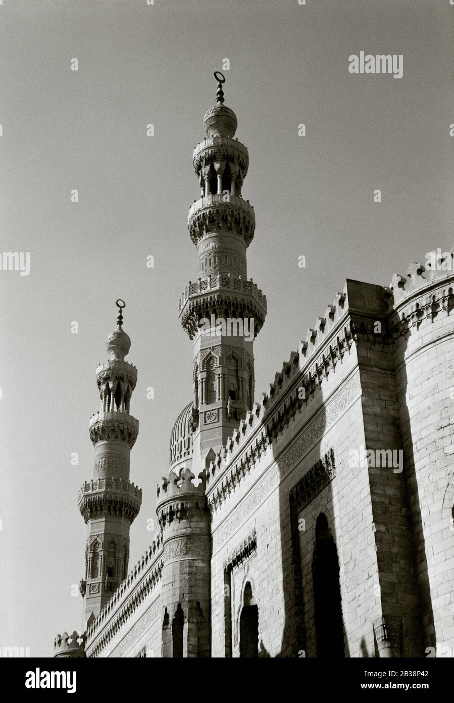 Travel Photography - Mosque and madrassa of Al Rifai Mosque in Islamic Cairo in the city of Cairo Egypt in North Africa Middle East - Black and White Stock Photo