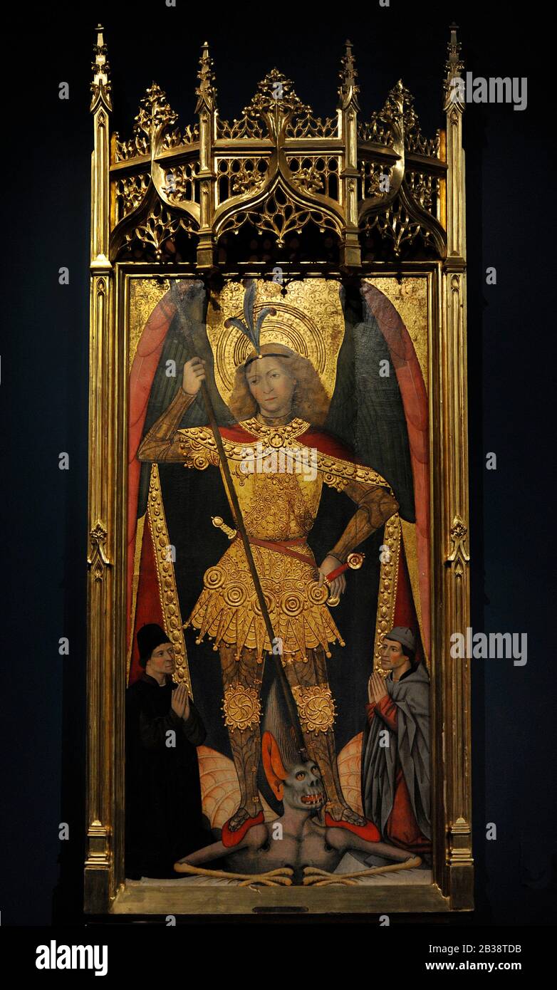 Saint Michael the Archangel with Two Donors. Circle of Juan Rius (documented between 1457-1482) and Domingo Ram (documented between 1462-1496). Ca.1465-1480. Aragonese School. Lazaro Galdiano Museum. Madrid. Spain. Stock Photo