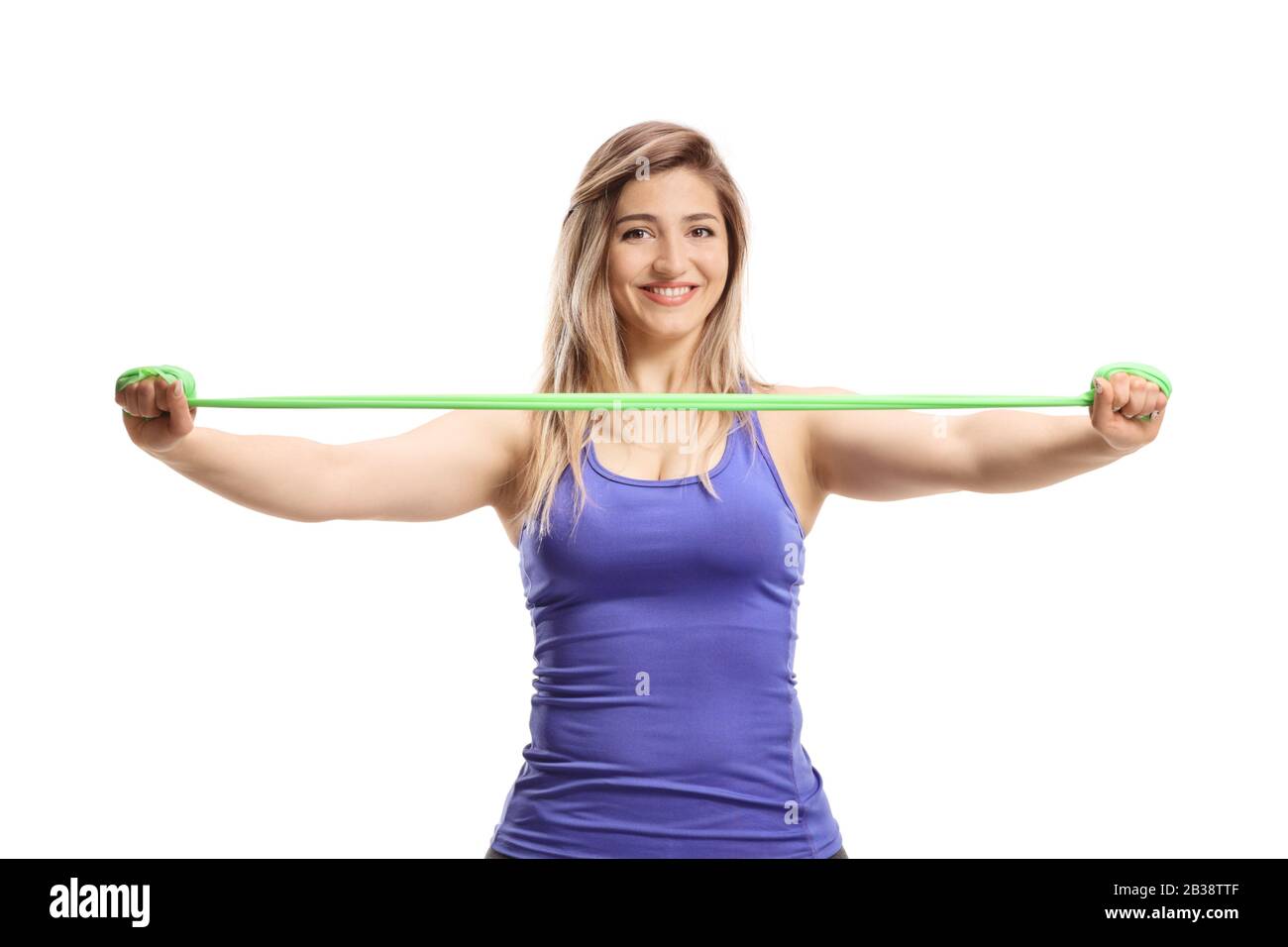 Smiling woman exercising with a stretching band isolated on white background Stock Photo