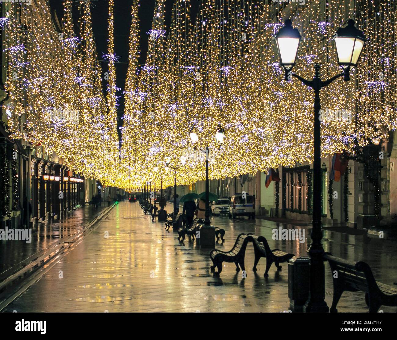 Christmas decoration of streets. Beautiful festive landscapes in the city. Moscow, Nikolskaya