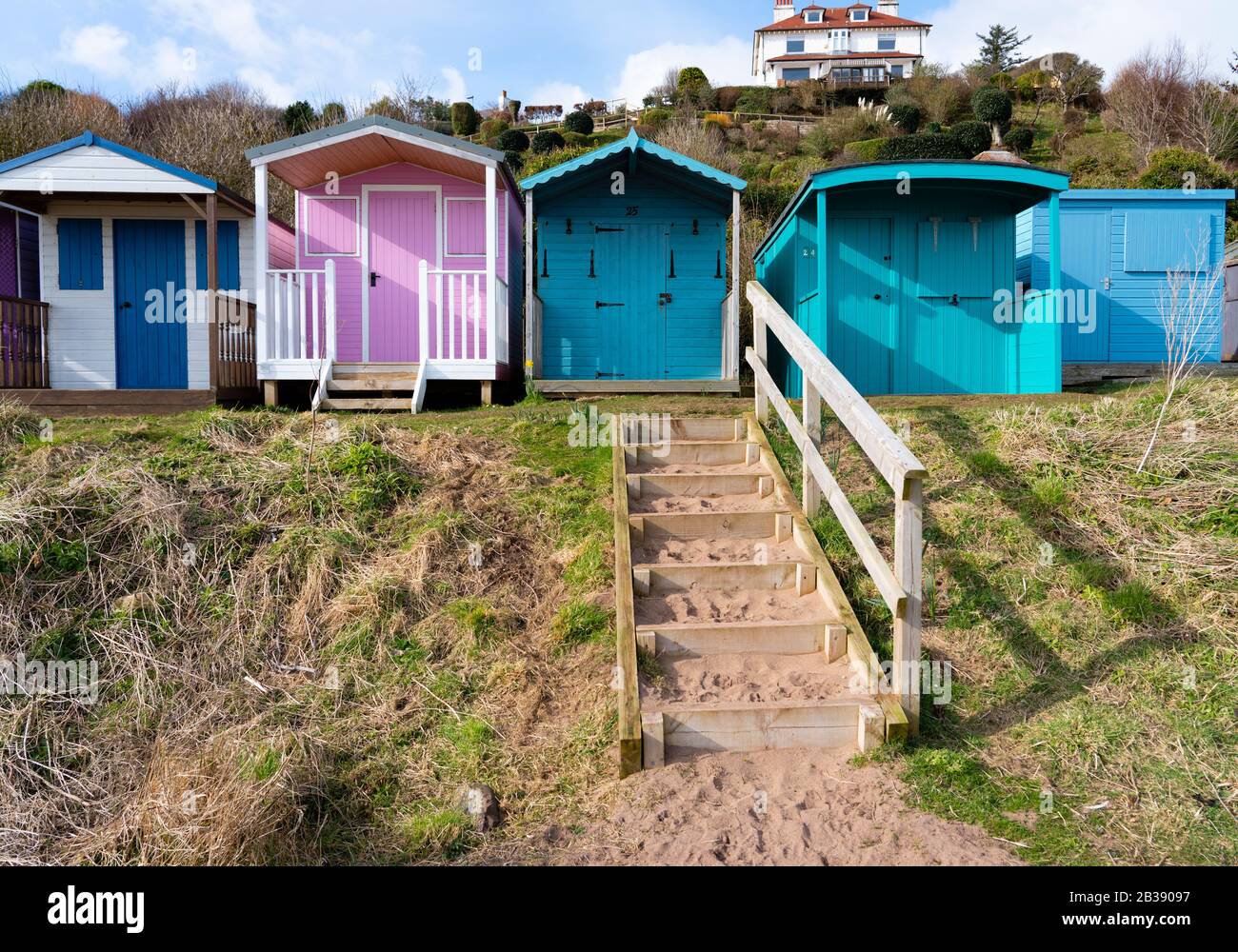 Wooden beach huts at Coldingham Bay in Berwickshire, Scottish Borders, Scotland, United Kingdom Stock Photo
