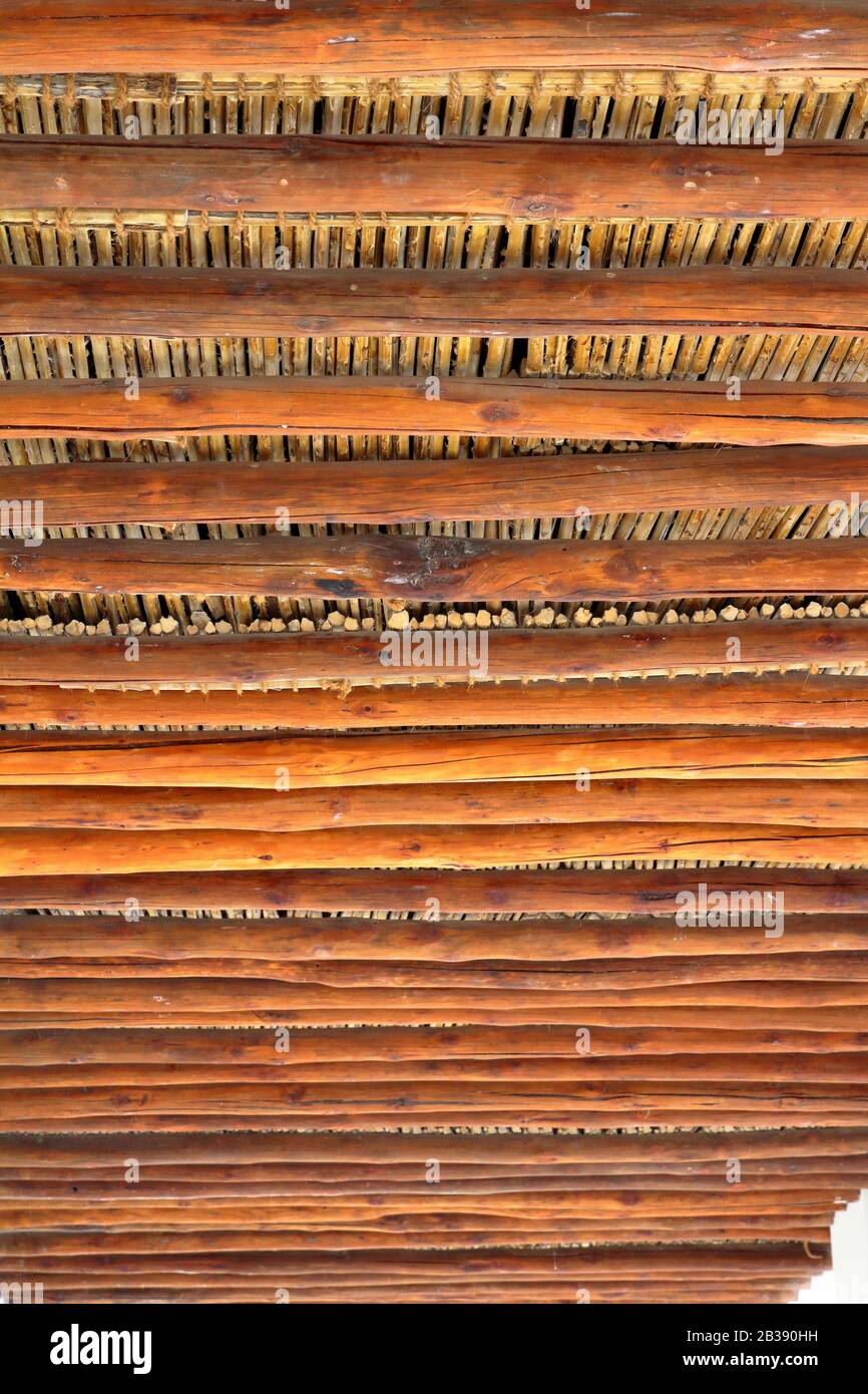 Wooden ceiling with woven straw Stock Photo Alamy