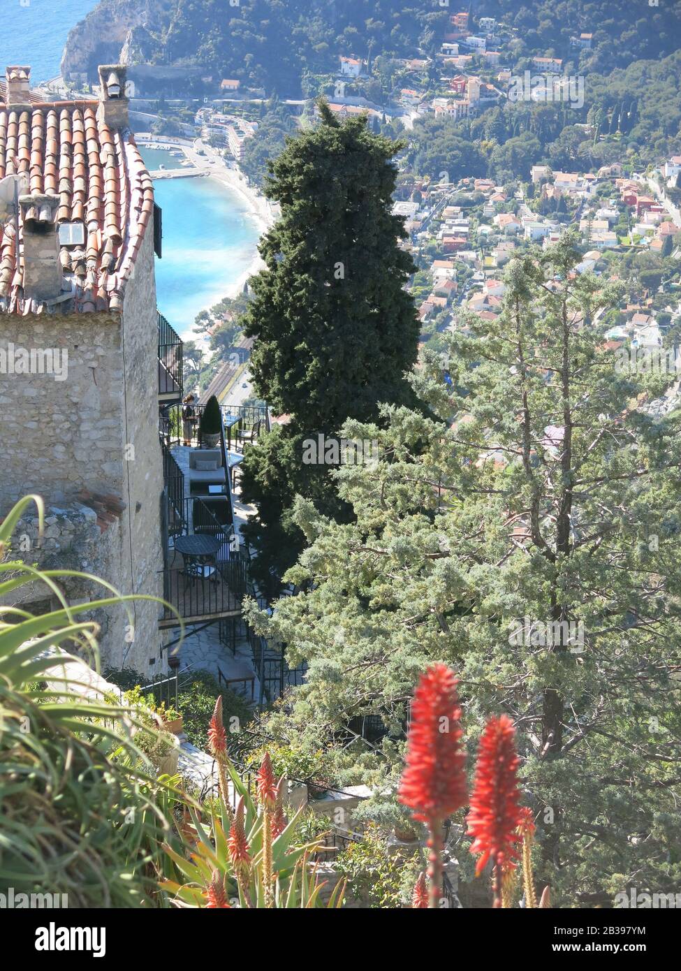Sited on a medieval fortress, the exotic gardens of Eze on the French Riviera are full of cacti & afford magnificent views over the Mediterranean. Stock Photo