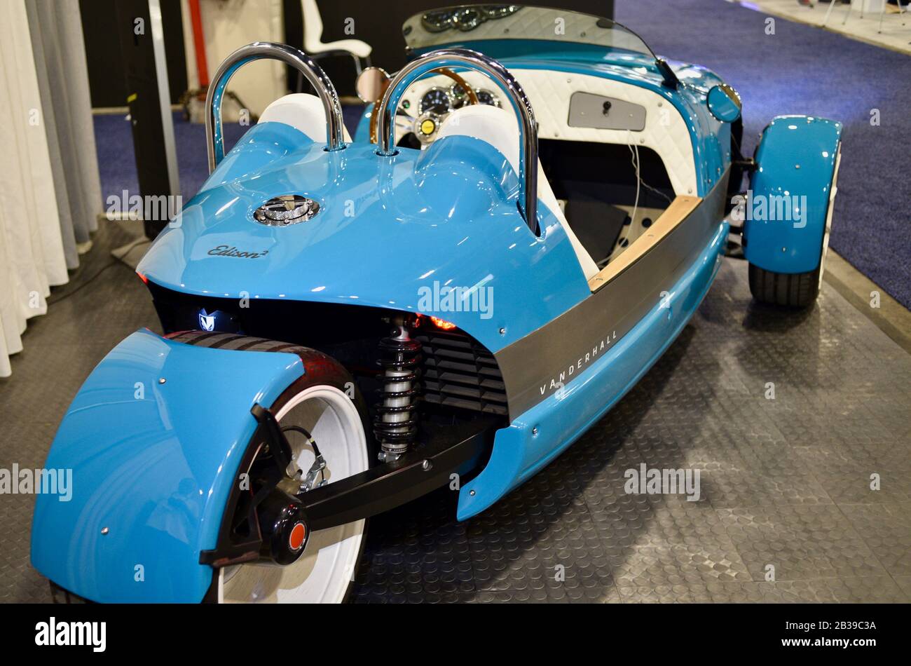 All-electric Vanderhall Edison 2 three-wheel roadster (classified as motorcycle trike) on display at CES world's largest trade show Las Vegas, NV, USA Stock Photo