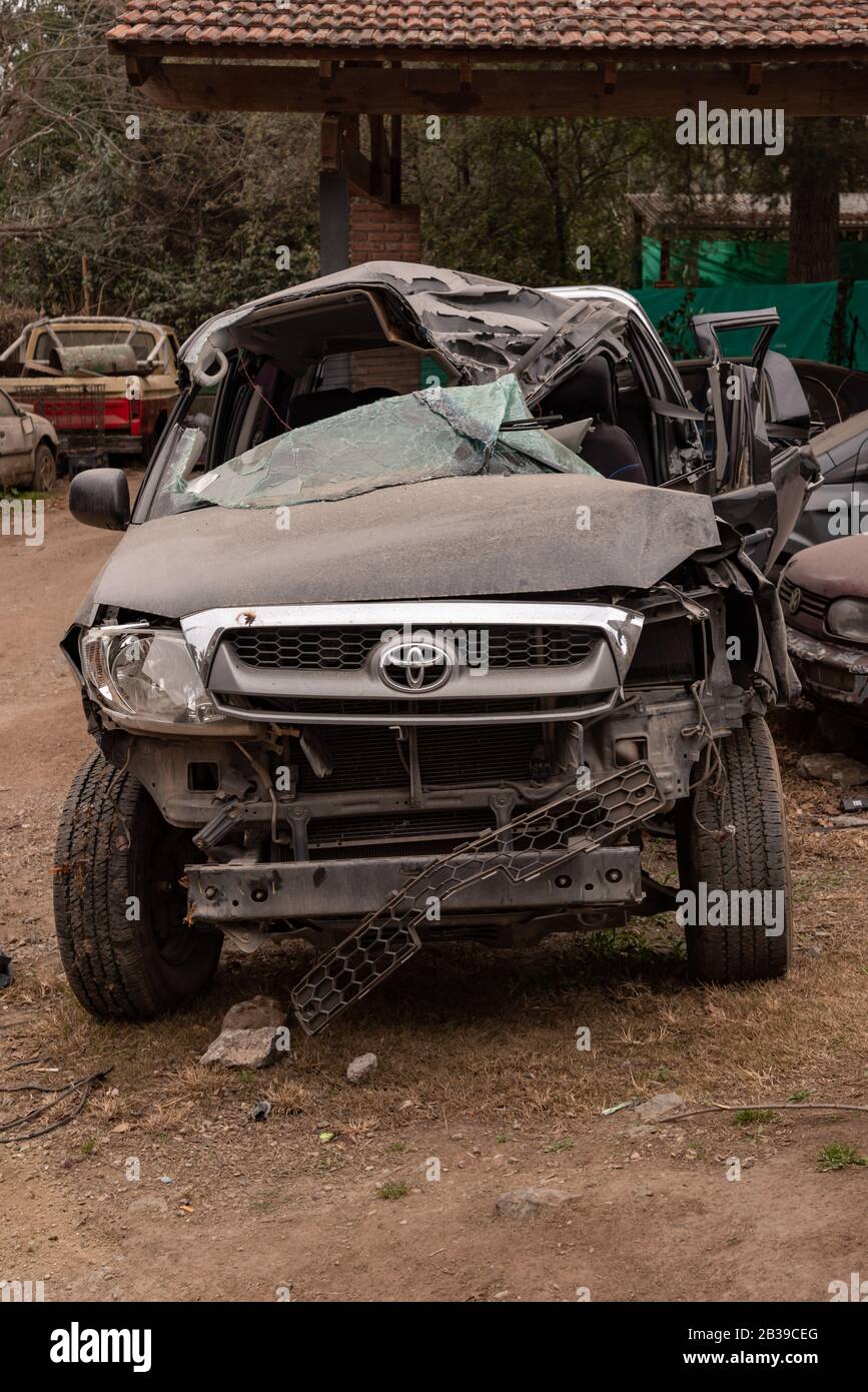 Destroyed pickup truck kidnapped by police because a crash Stock Photo