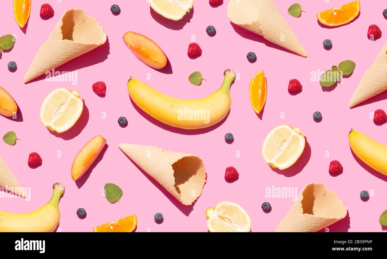 Fresh fruit pattern on pink background Stock Photo