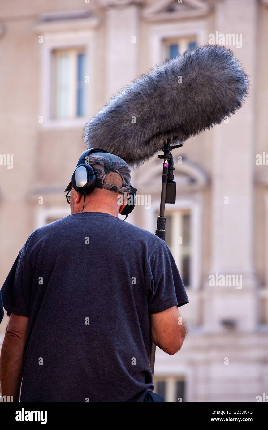 Behind the scene. Sound recorder with microphone, boom mic and