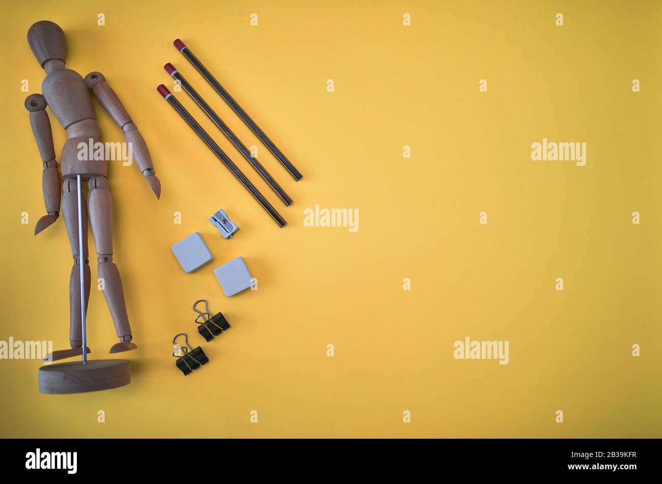 pencil, pencil sharpener, eraser, draw, model doll, on yellow