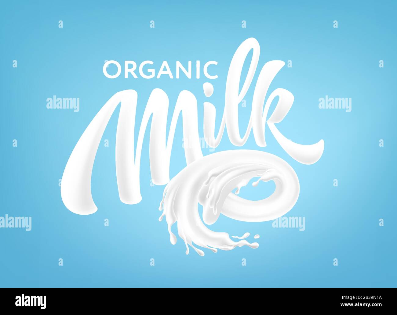 Realistic splashes of milk on a blue background. Organic Milk Handwriting Lettering Calligraphy Lettering. Vector illustration Stock Vector
