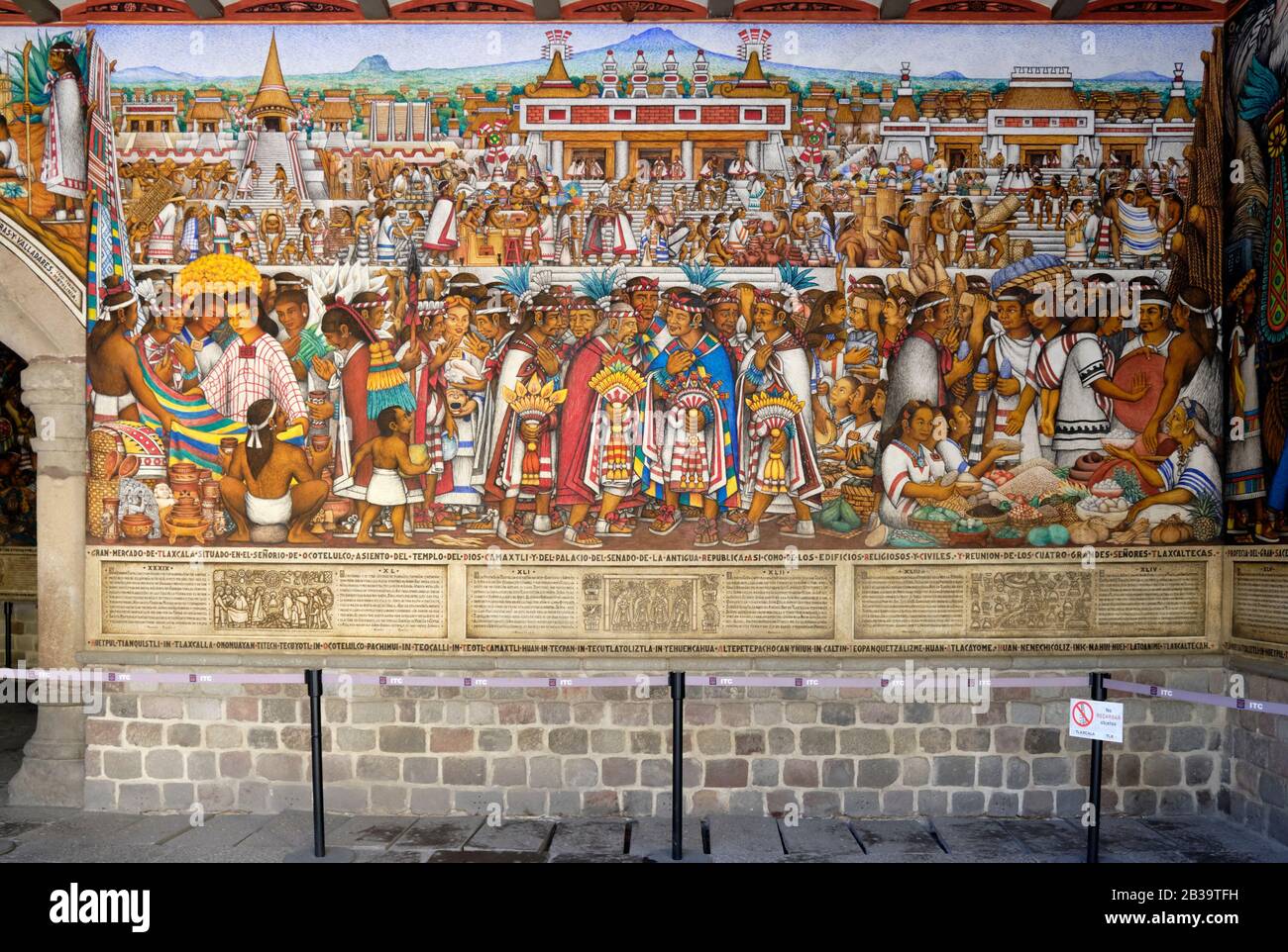 Mural by Desiderio Hernandez Xochitiotzin, depicting the history of the city in the Palacio de Gobierno, Tlaxcala, Mexico Stock Photo