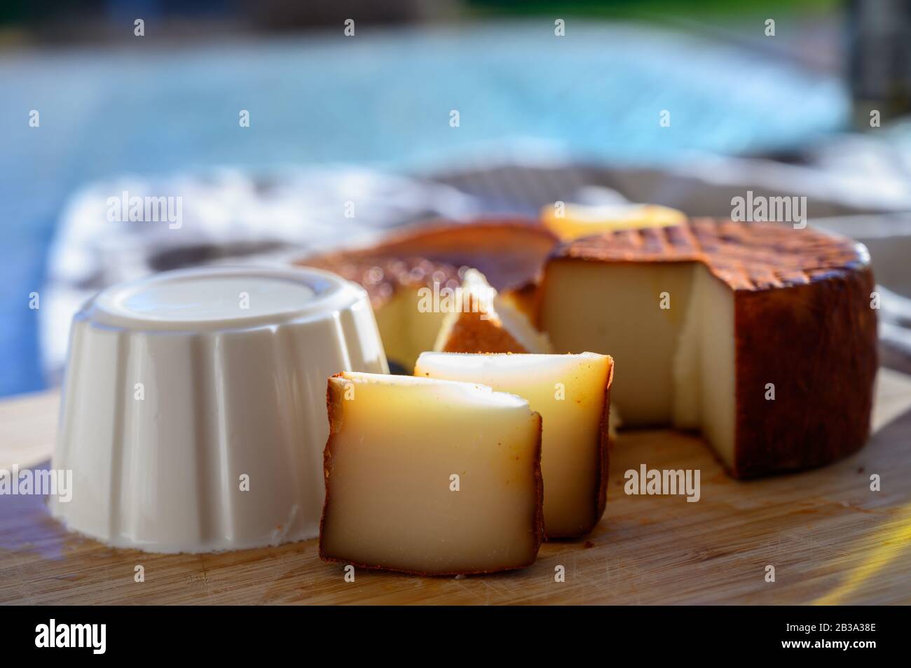 Cheese collection, piece of Spanish manchego cheese made from cow milk with red paprika and soft