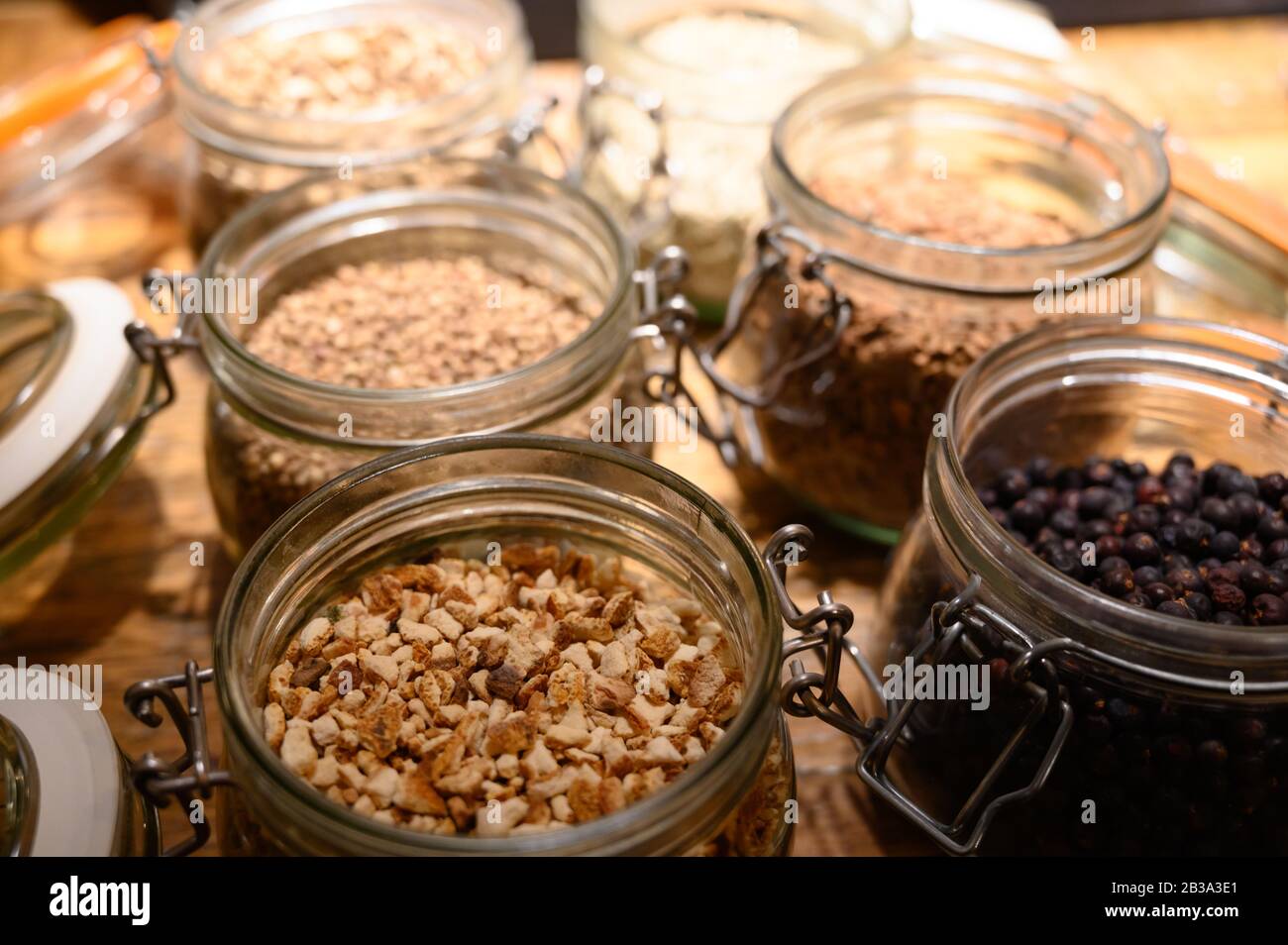 Tastes of gin, botanicals ingredients for gin distillery process, dried