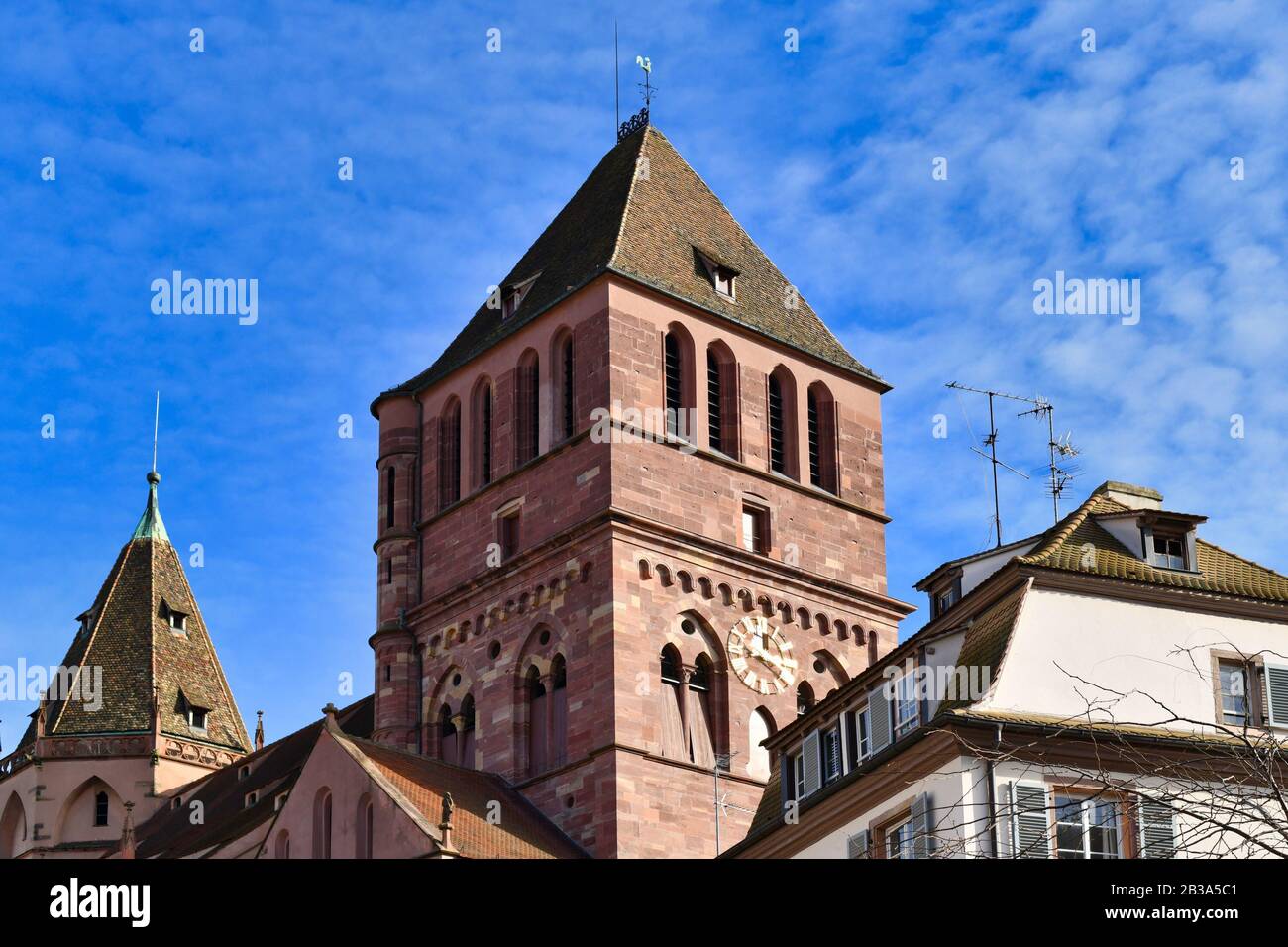 Tower of old historical Lutheran St Thomas Church, also called 'Eglise Saint Thomas' n French in Strasbourg city in France Stock Photo