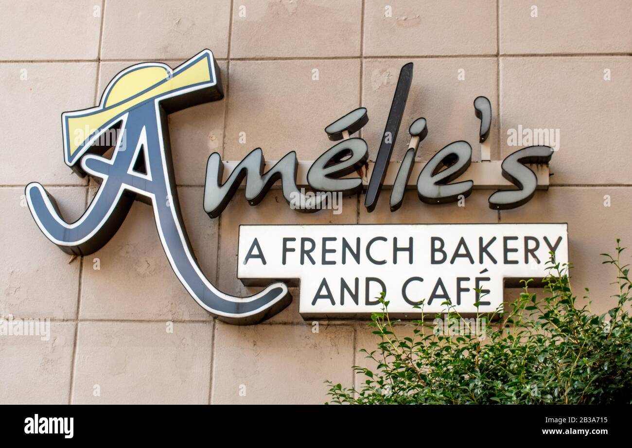 Charlotte, NC/USA - May 26, 2019:  Medium  outdoor shot Amelie's French Bakery and Cafe signage with brand/logo mounted on outside of building. Stock Photo