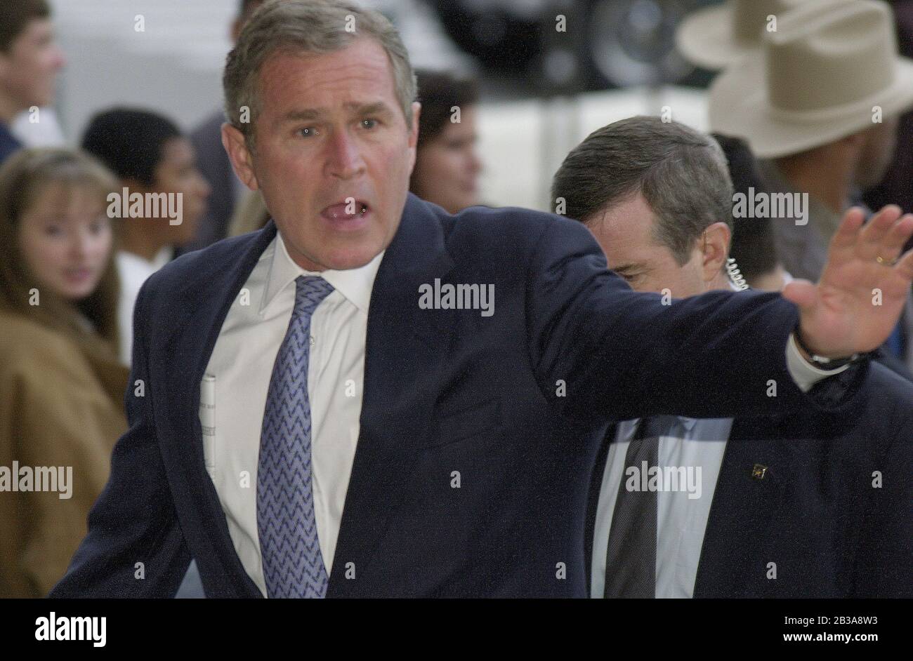 Austin, Texas USA, 22 NOV 2000: Texas governor and Republican presidential nominee George W. Bush arrives at the Texas Capitol to make a statement to the press following the Florida Supreme Court ruling in favor of ballot recounts in the U.S. presidential election. ©Bob Daemmrich Stock Photo