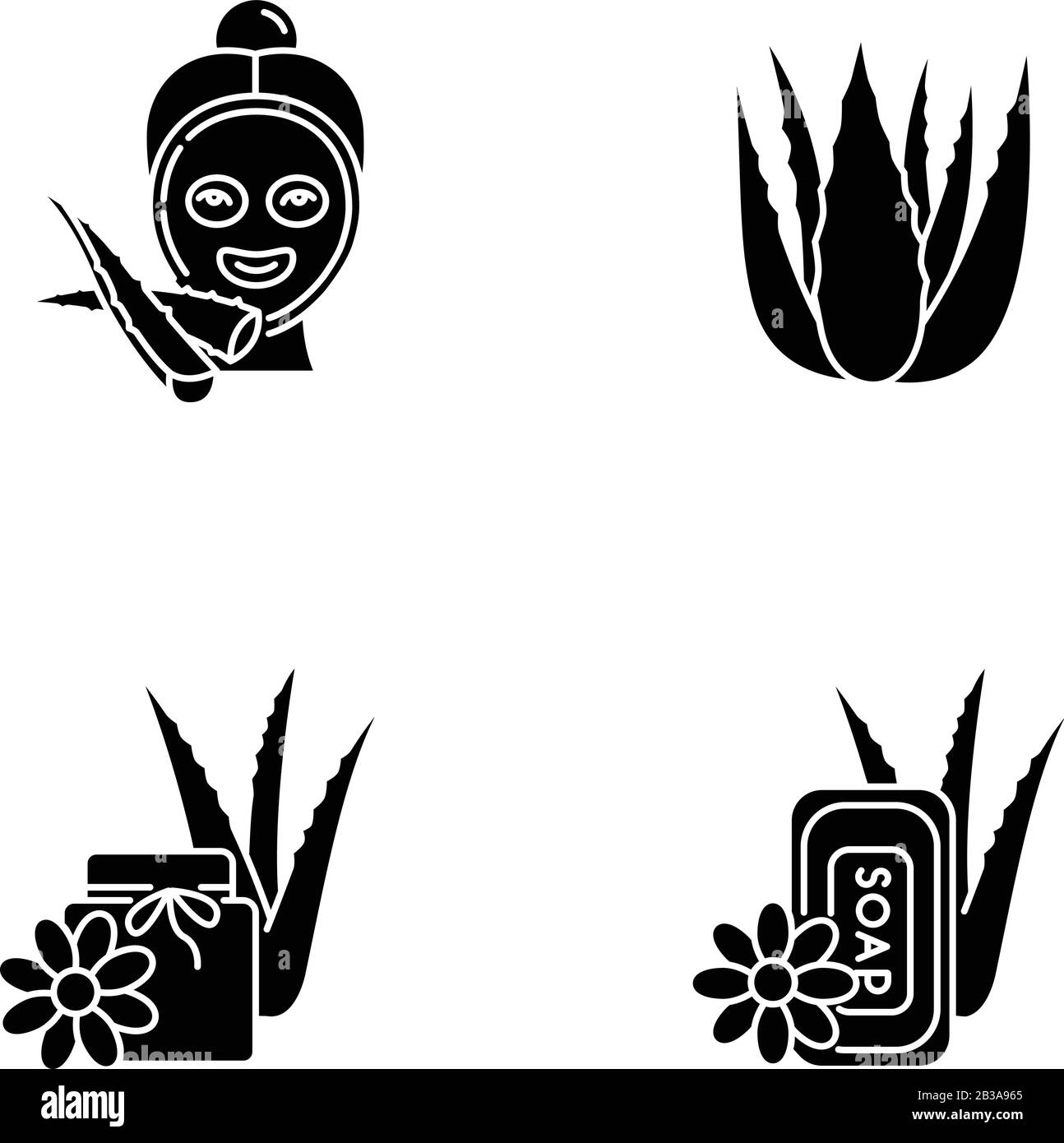 Aloe vera black glyph icons set on white space. Female facial mask. Spa ...
