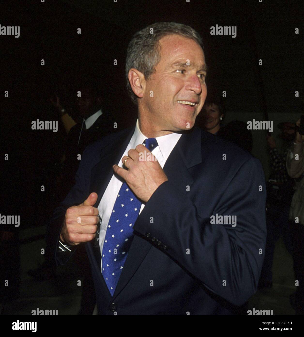Iowa, USA, January 2000: Texas Governor George W. Bush shows his excitement about winning the Iowa Republican caucuses, giving his presidential campaign an early leg up on his competitors. ©Bob Daemmrich Stock Photo
