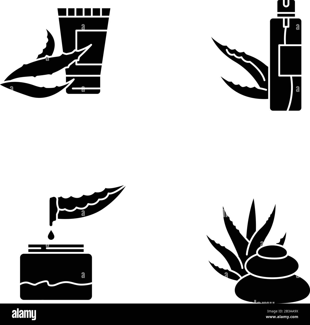 Aloe vera black glyph icons set on white space. Plant based cream ...