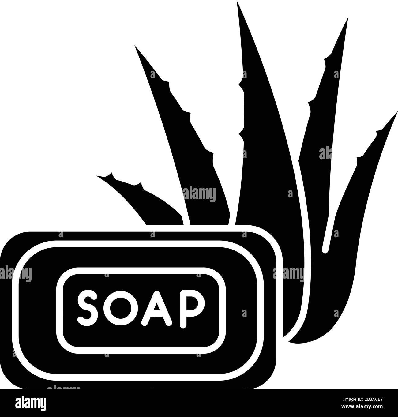 Aloe vera soap black glyph icon. Organic bathing product. Natural cosmetic for hygiene. Plant based product. Cleansing treatment. Silhouette symbol on Stock Vector