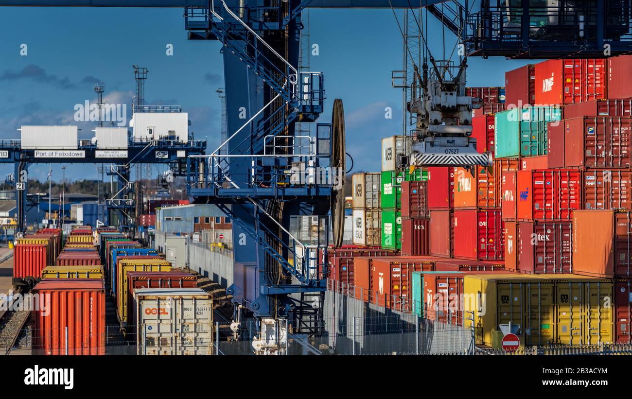 Global Britain - Railway Container Shipping UK. Intermodal containers loaded onto freight trains for onward transport from Felixstowe Container Port. Stock Photo