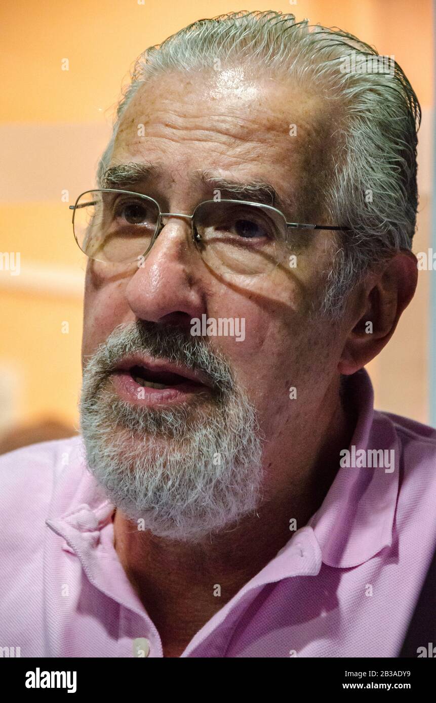 Argentine sociologist, political scientist, professor and writer Atilio Boron in an interview at an Argentine university radio station Stock Photo
