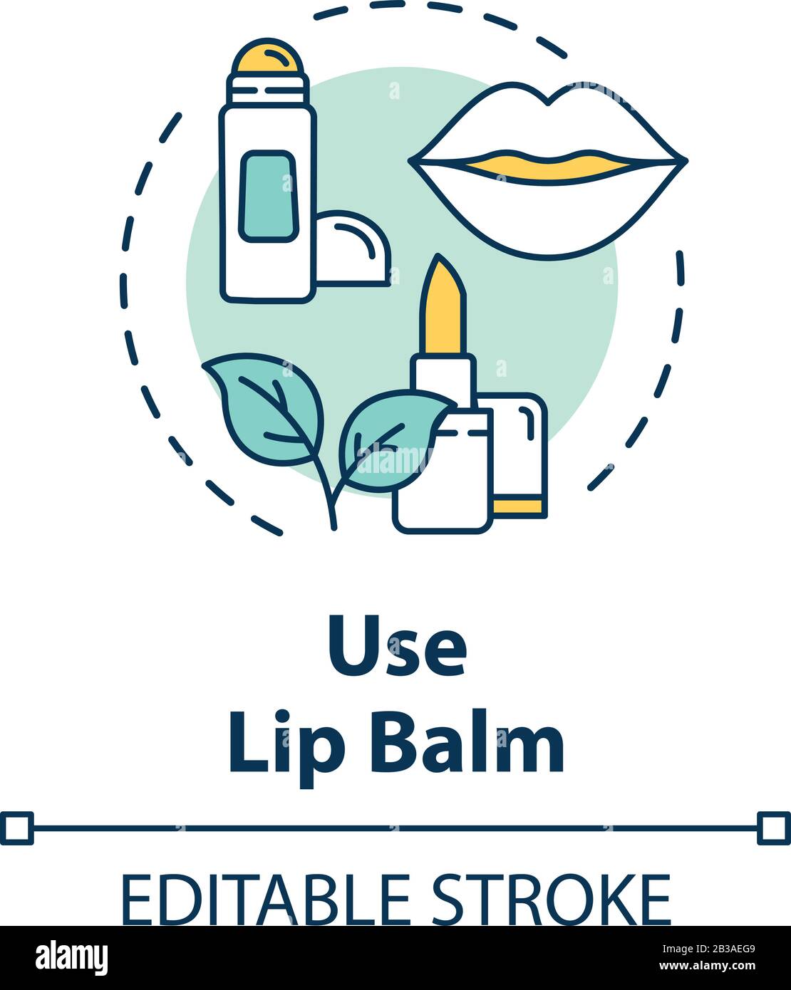 Use lip balm, skin care concept icon. Skin protection and moisturizing, chapped lip prevention idea thin line illustration. Vector isolated outline Stock Vector