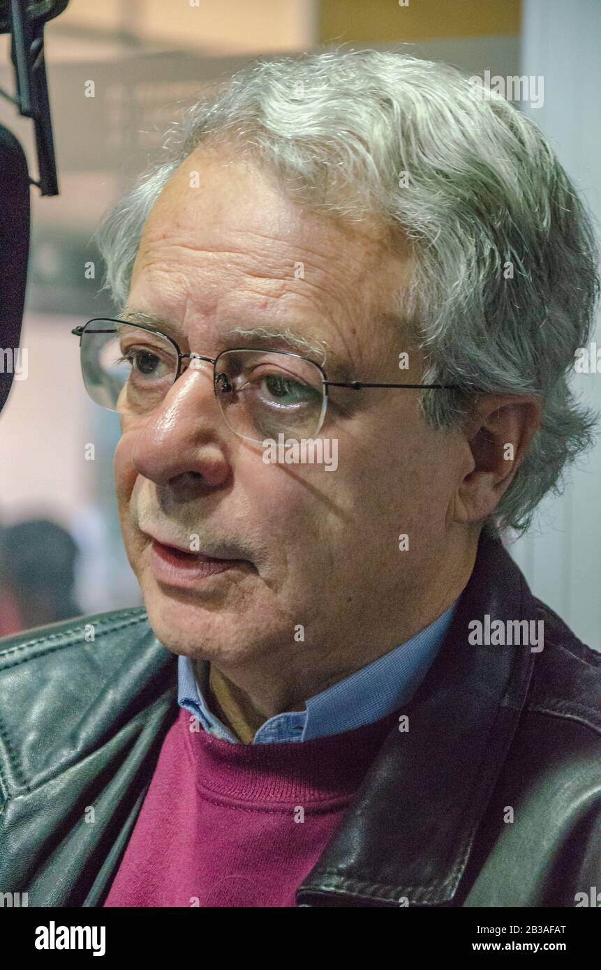 The theologian for the Brazilian liberation Frei Betto in an interview at an Argentine university radio station Stock Photo