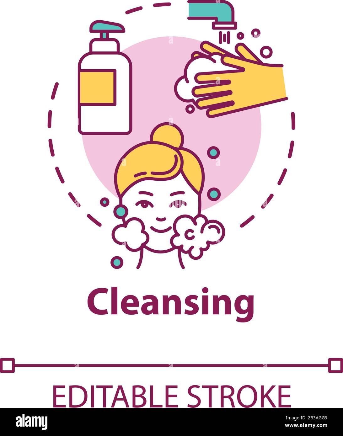 Cleansing, pore purification concept icon. Face skin washing, cleanser use, hygienic procedure idea thin line illustration. Vector isolated outline Stock Vector