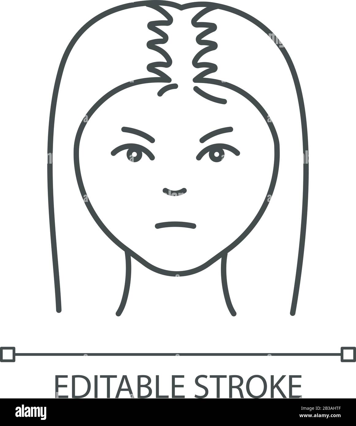 Female hair pixel perfect linear icon. Woman with alopecia. Hairloss problem. Thinning hairline. Thin line customizable illustration. Contour symbol Stock Vector