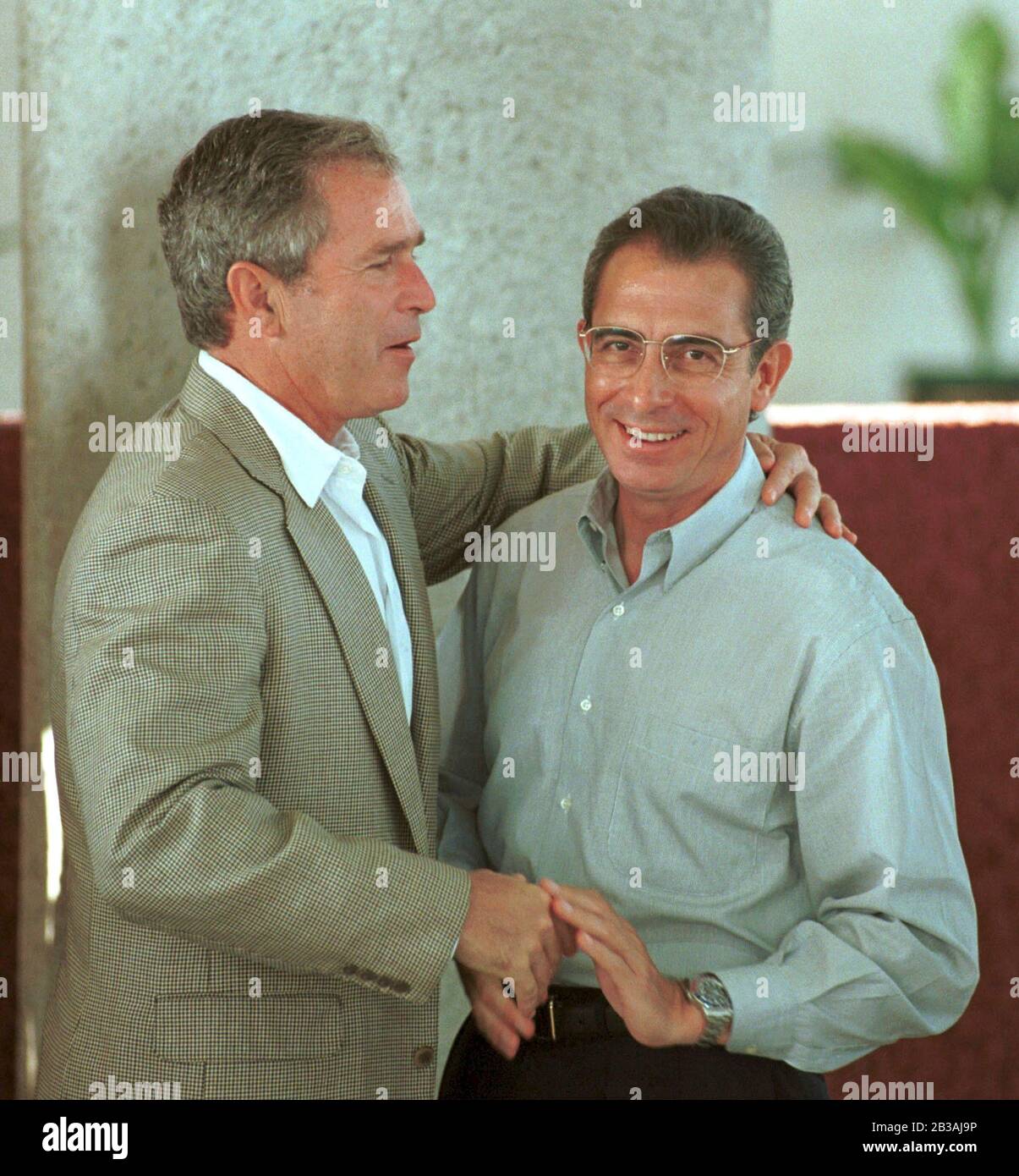 Eagle Pass, Texas USA, 03 SEP 1999:  Texas Governor George W. Bush and Mexican President Ernesto Zedillo greet each other at the Camino Real International Bridge in Piedras Negras, Mexico before the start of dedication ceremonies to open the bridge between Texas and Mexico. ©Bob Daemmrich Stock Photo
