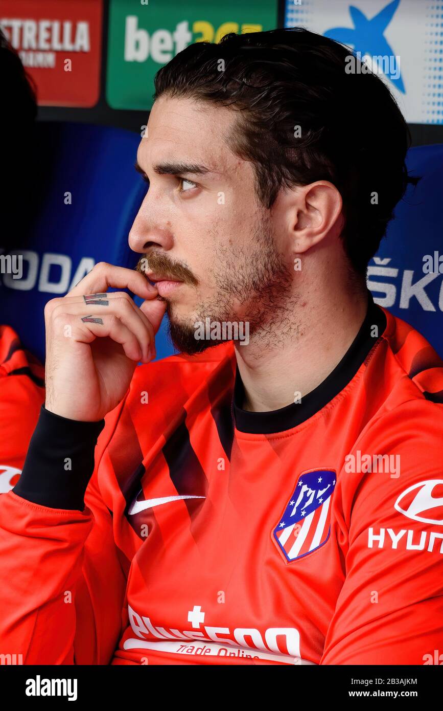 BARCELONA - MAR 1: Sime Vrsaljko sits on the bench at the La Liga match between RCD Espanyol and Atletico de Madrid at the RCDE Stadium on March 1, 20 Stock Photo