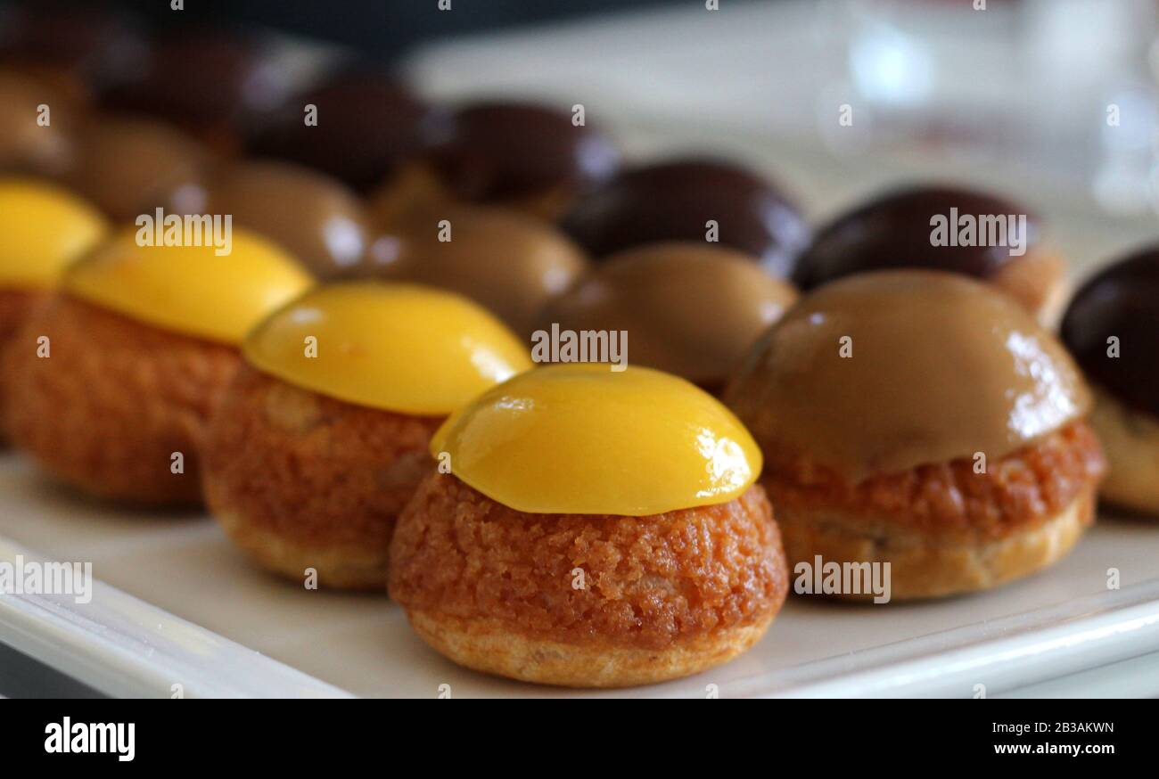 three kinds of sweet profiterole Stock Photo
