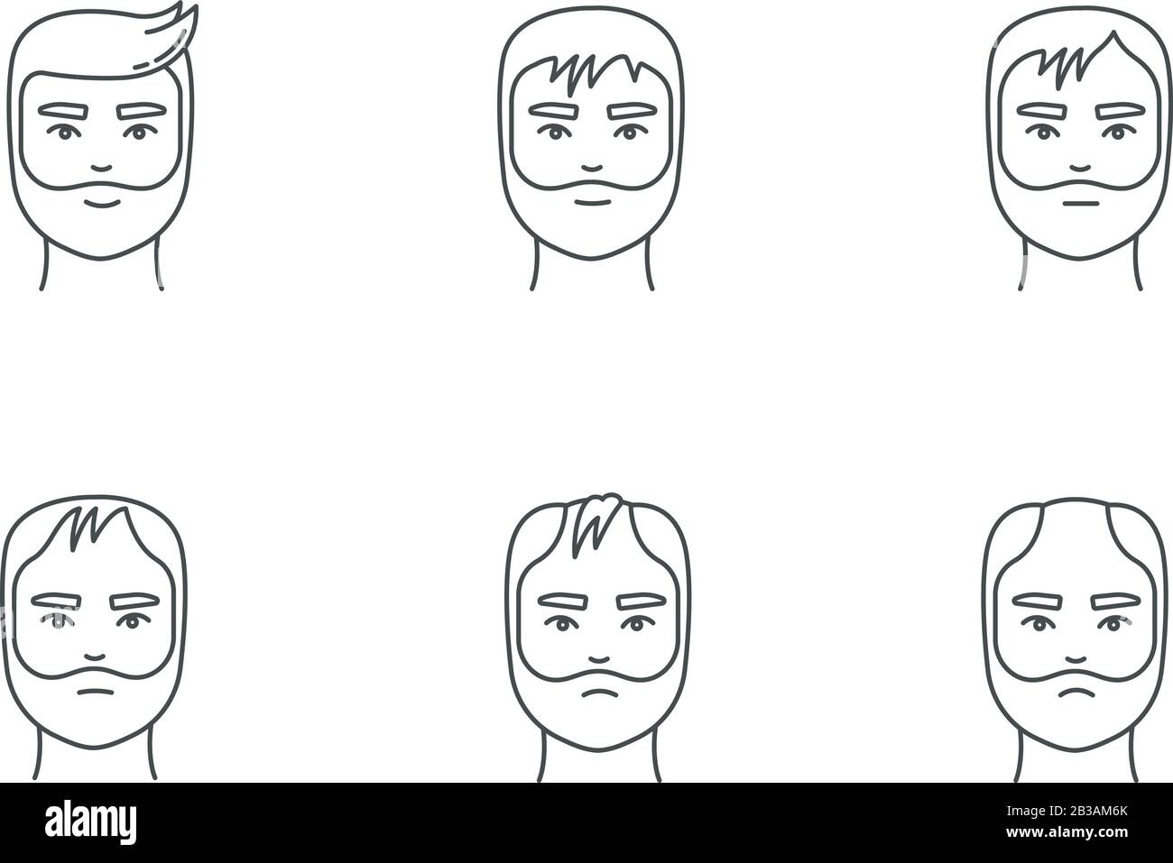 Hair loss pixel perfect linear icons set. Baldness process stages. Male