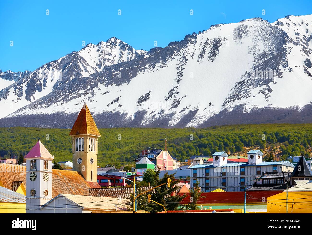 Mountains over Ushuaia, capital of Tierra del Fuego Province and the southernmost city in the world, Argentina. Stock Photo