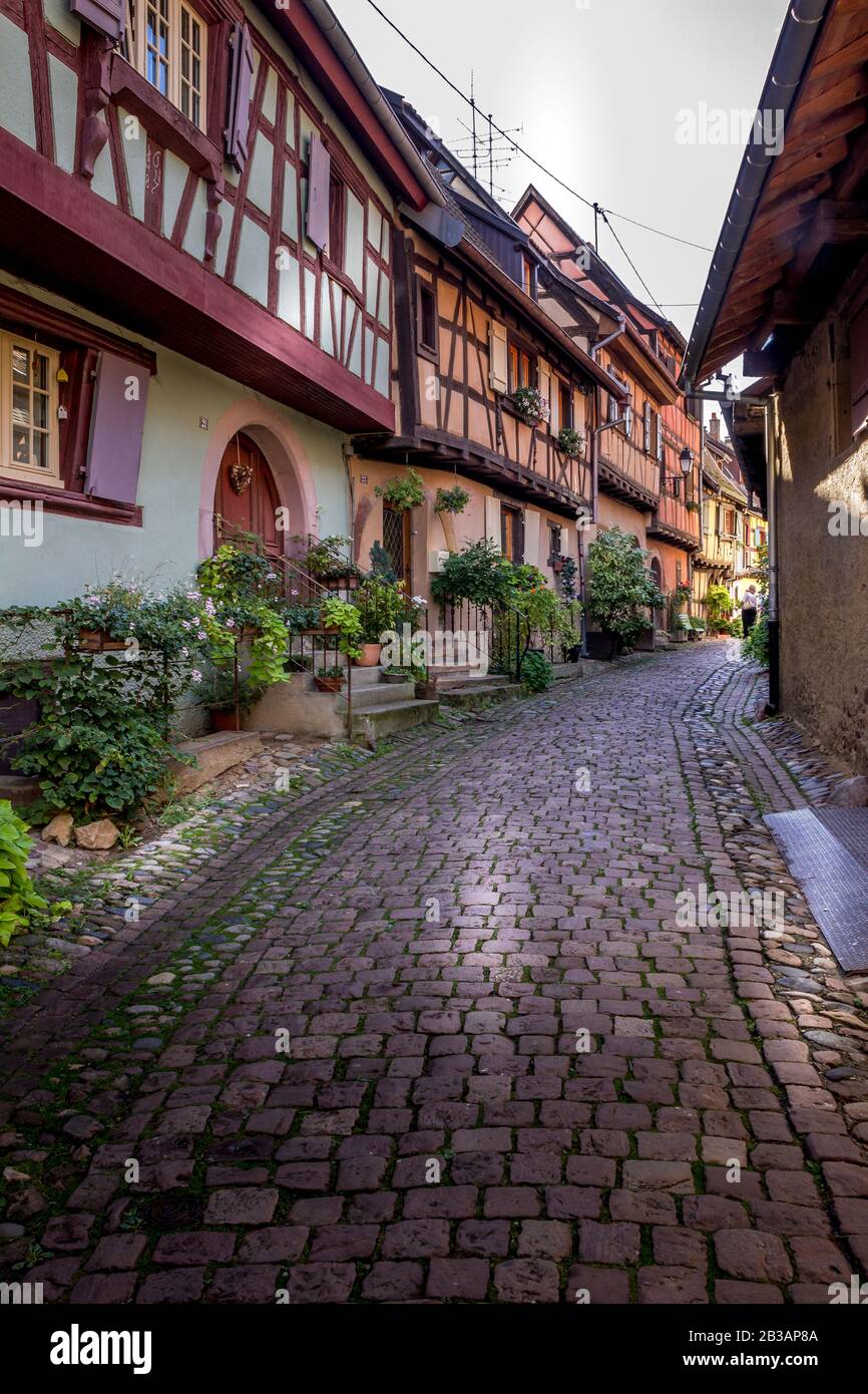 Eguisheim / Alsace, France - 16 sep. 2015: Beautiful view of charming street scene with colorful houses in the historic town of Eguisheim on an idylli Stock Photo