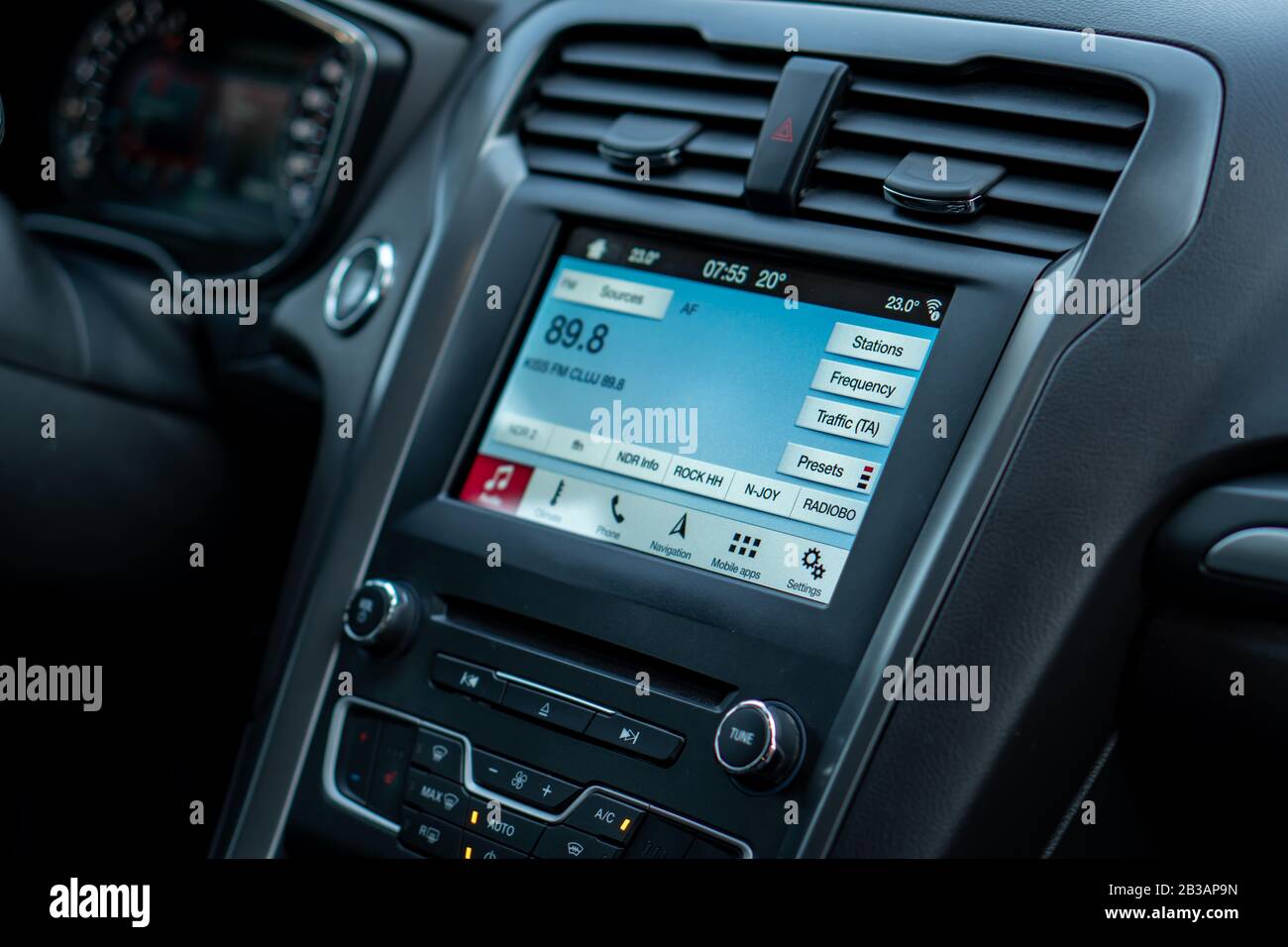Latest technology multimedia system, SYNC 3 mounted on a Ford Mondeo Titanium MK5, year 2017. Touchscreen screen and connection to Android car. Stock Photo