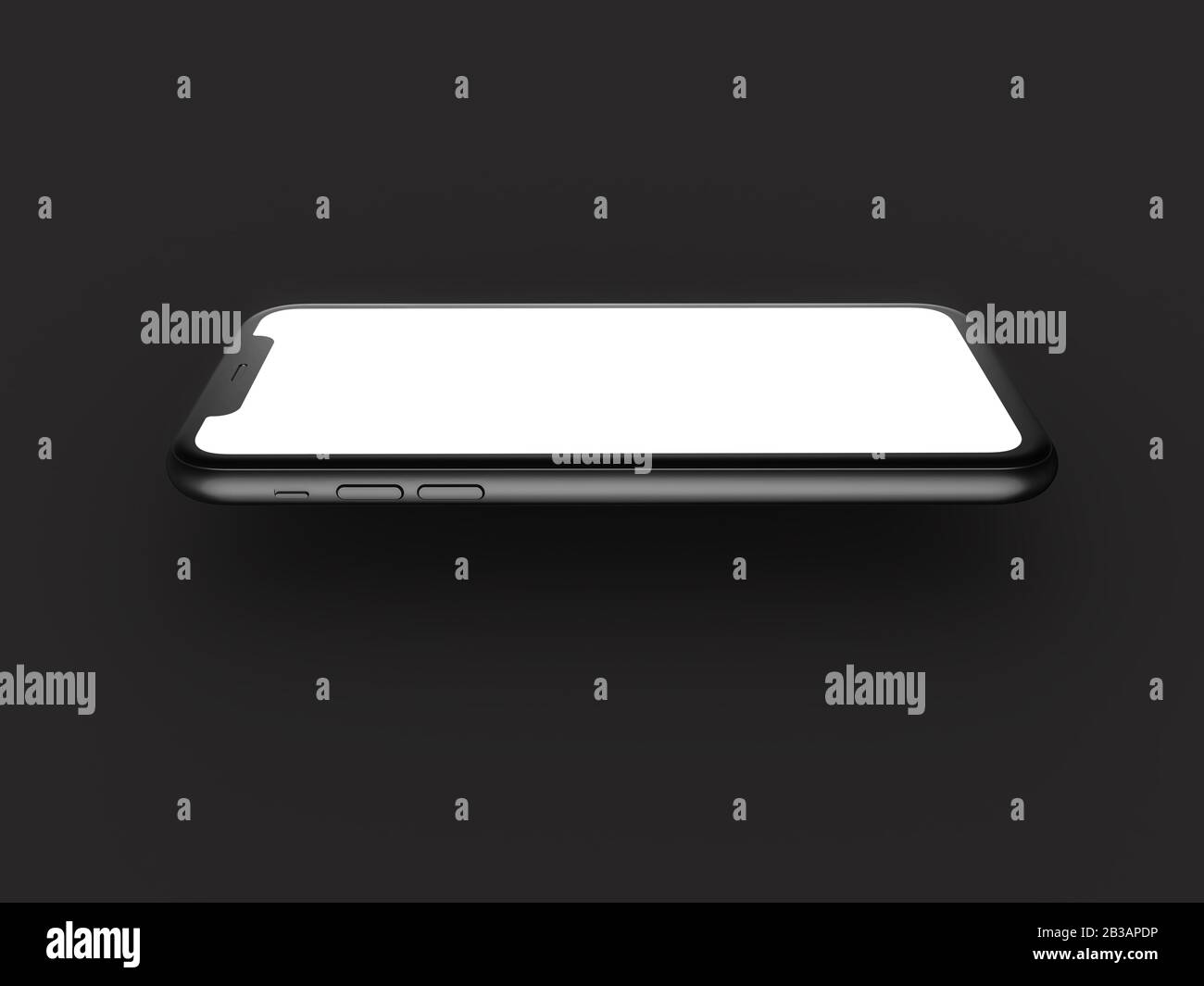 Smartphone in perspective - mockup front side with white screen Isolated on black background. 3D illustration. Stock Photo