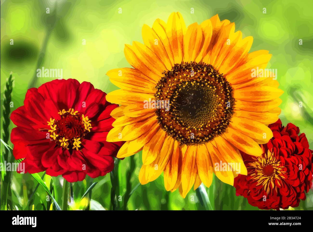 Beautiful colorful flowers in the field,natural green background,watercolor illustration Stock Photo