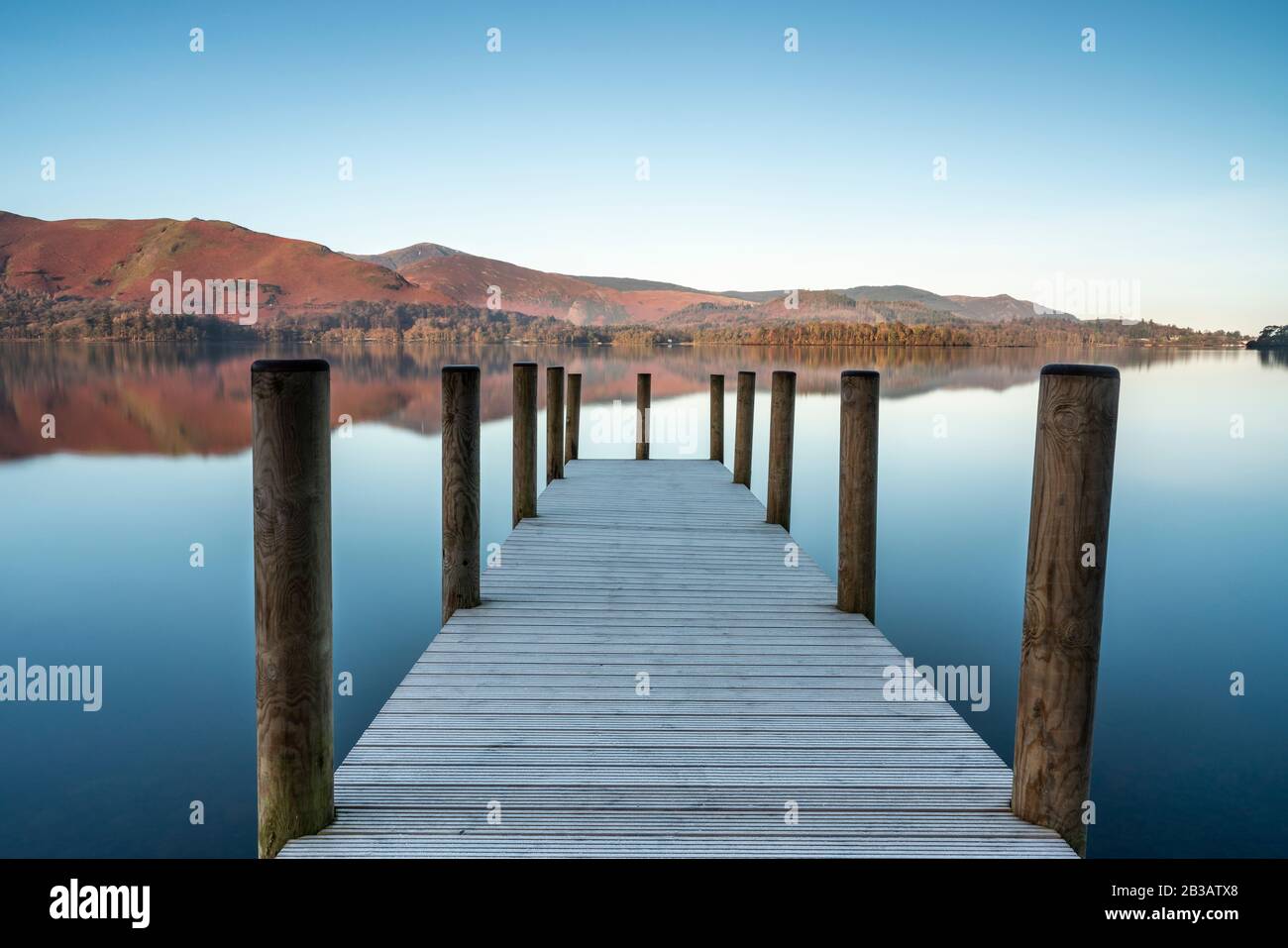 Reflections of Ashness Gate or Barrow Bay new jetty in Derwentwater, Lake District National Park, Cumbria, England, UK Stock Photo