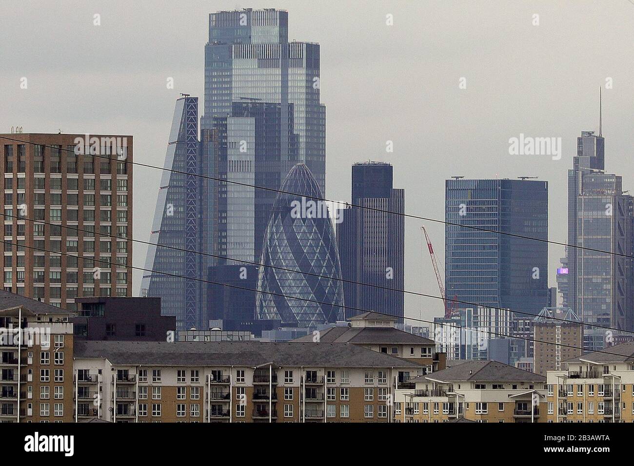London, UK. 4th Mar, 2020. Photo taken on March 4, 2020 shows a view of the City of London, in London, Britain. The impact of coronavirus on British economy could 'prove large but will ultimately be temporary', Mark Carney, governor of Bank of England (BoE) said Tuesday. Credit: Tim Ireland/Xinhua/Alamy Live News Stock Photo