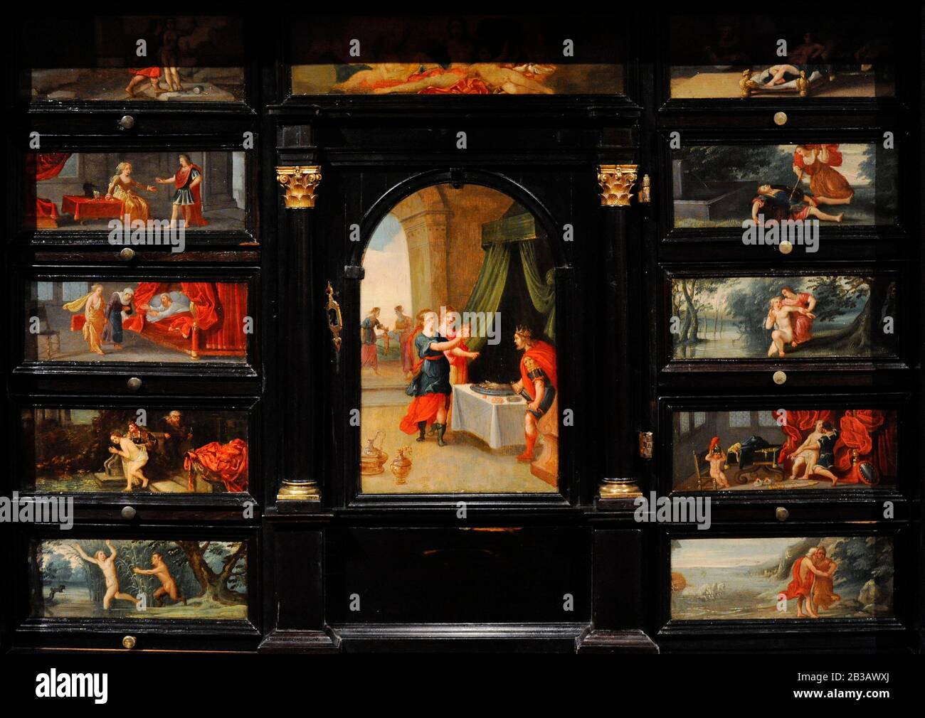 Cabinet. Antwerp (?). Ca.1650. Detail. The paintings that decore the cabinet offers a Calvinist vision of concept of Love and Beauty, through a moralizing interpretation of Metamorphosis of Ovid. Ebony wood and copper. Lazaro Galdiano Museum. Madrid. Spain. Stock Photo