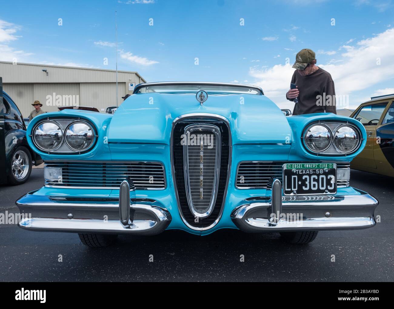 Front end of 1958 Edsel automobile with convertible top. Stock Photo