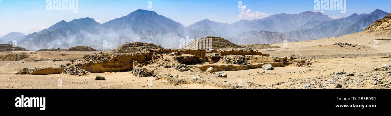 Dust storm at the pre-colombian archeological site of Caral, north of Lima Peru Stock Photo