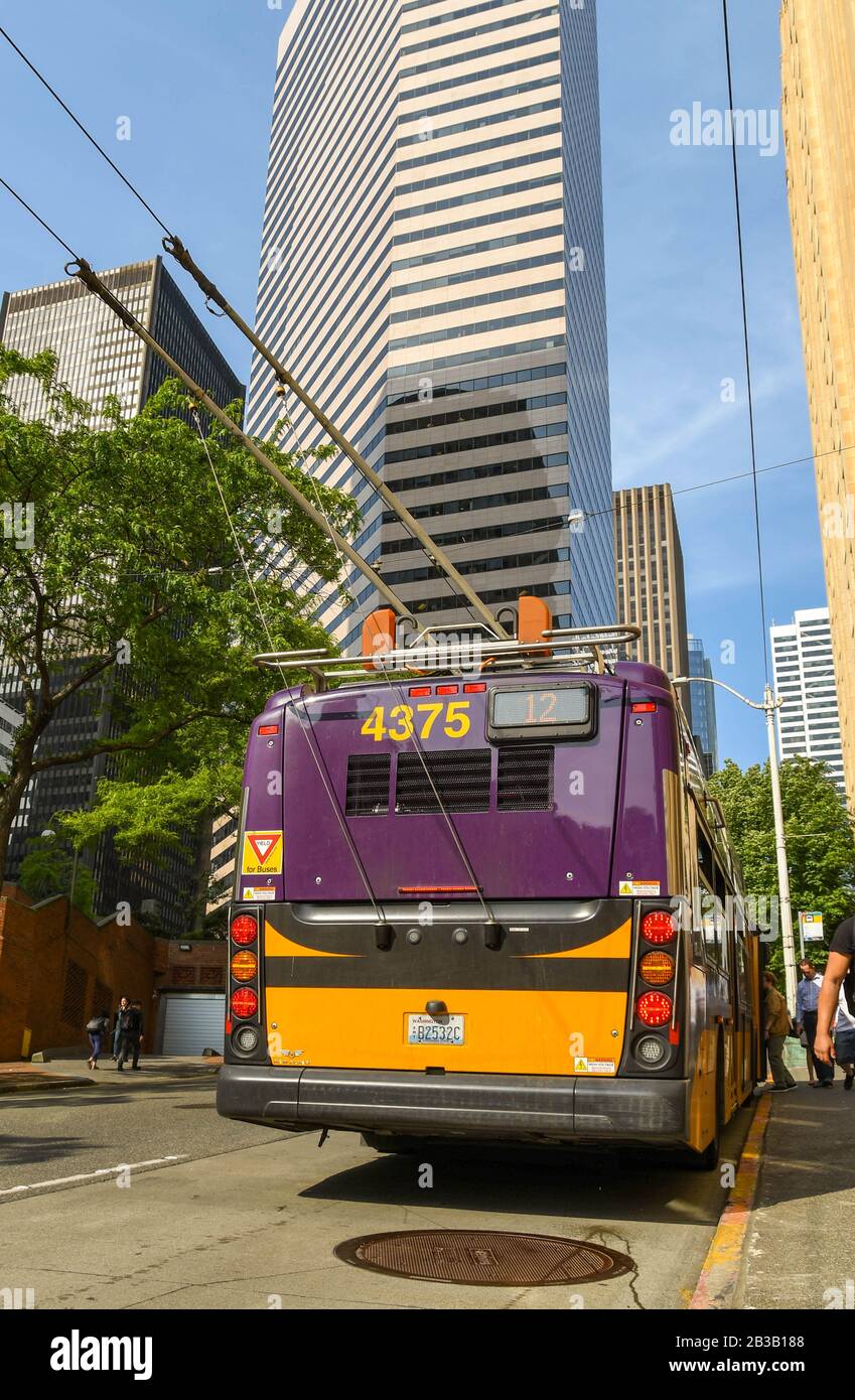 SEATTLE, WA, USA, - JUNE 2018: Rear of a zero emissions electric trolley bus in downtown Seattle. Stock Photo